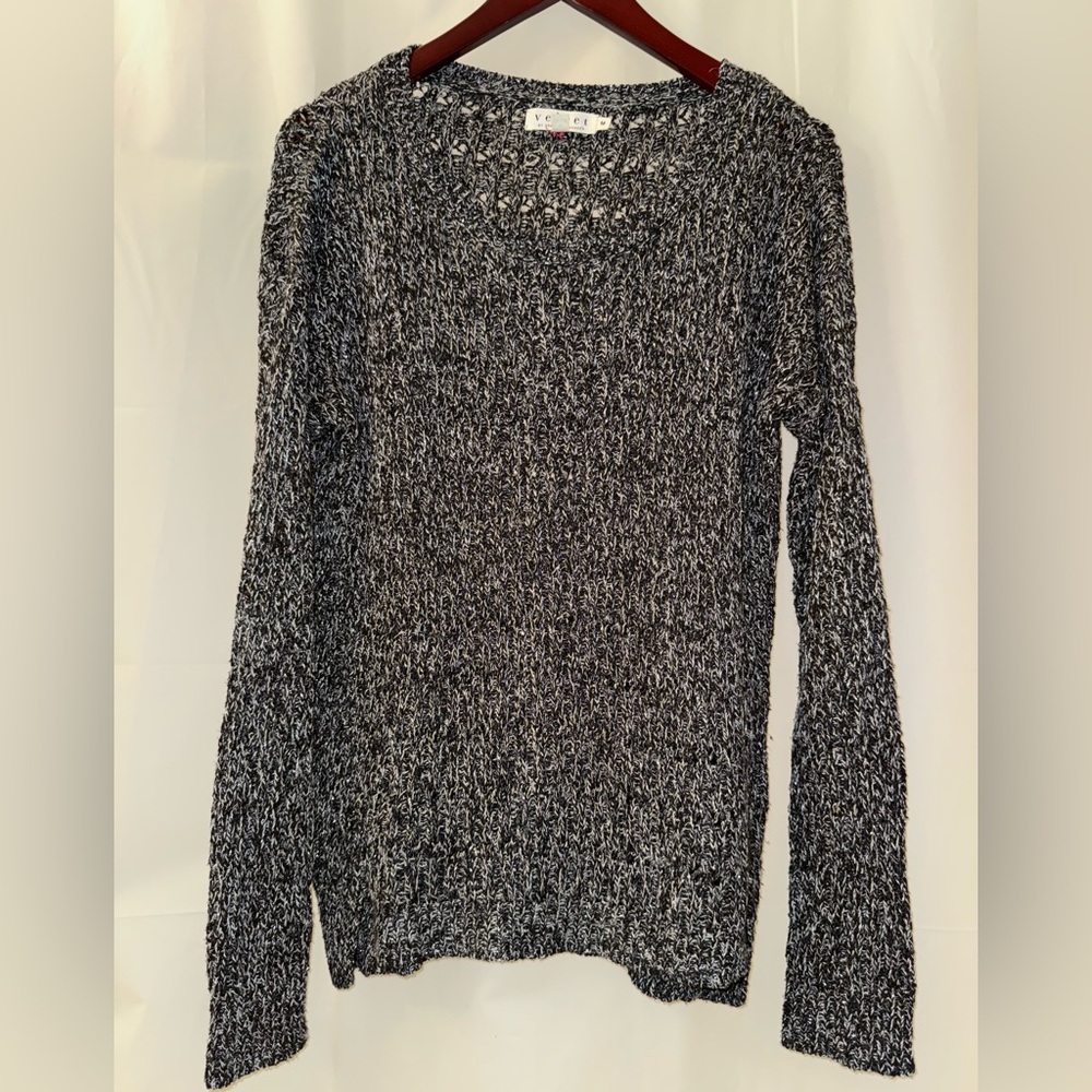 Velvet Black and White Open Knit V-Neck Sweater